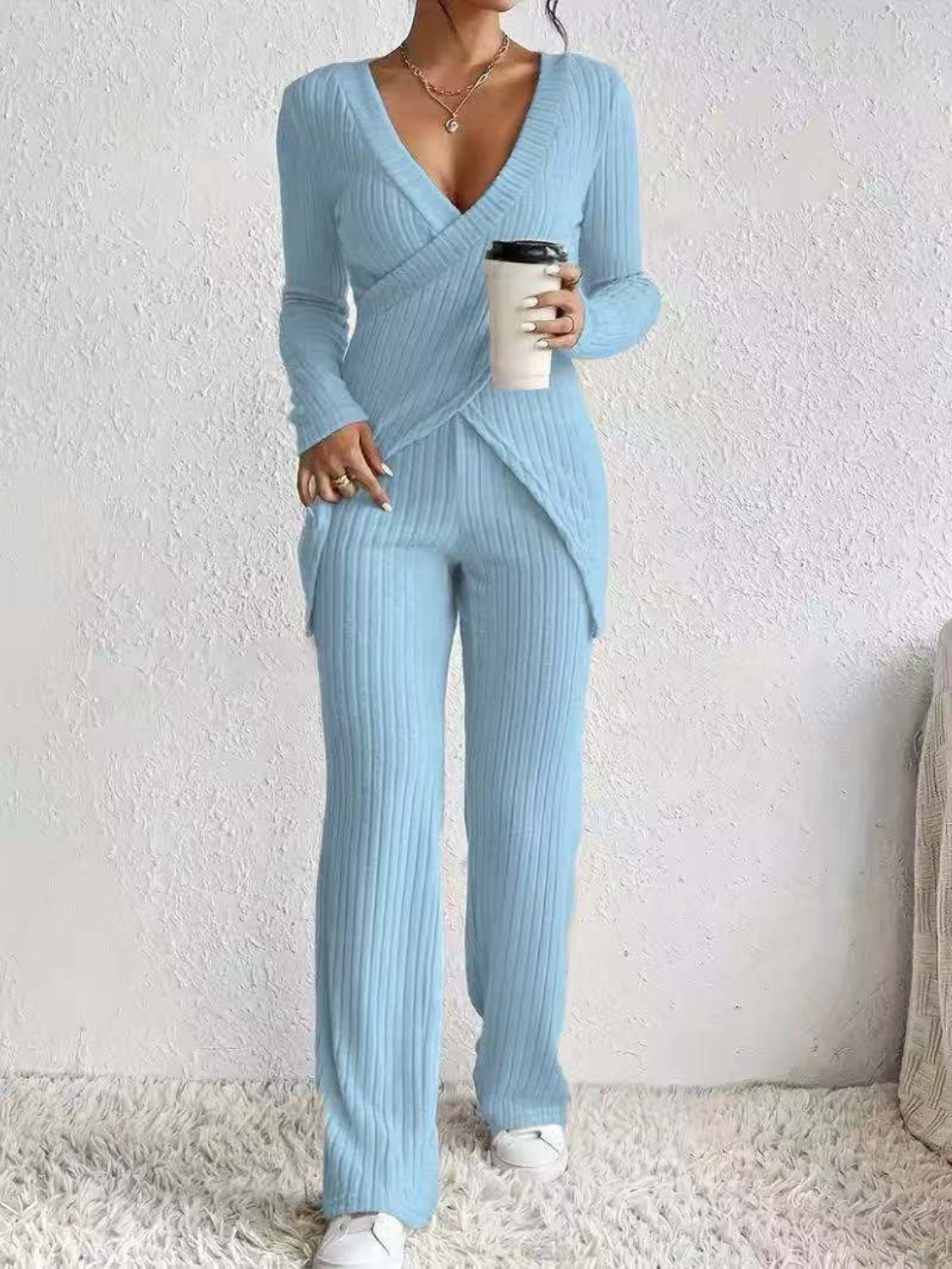 Surplice Long Sleeve Top & Pants Set - Chic Two-Piece Outfit Pastel Blue