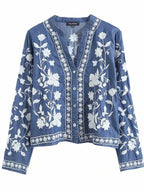 Floral Embroidered Button-Up Denim Shirt