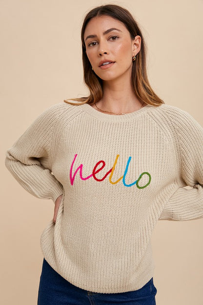 Annie Wear "HELLO" Embroidered Raglan Sleeve Pullover