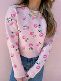 Floral Drop Shoulder Cropped Knit Sweater Pink