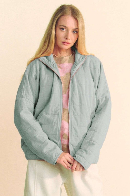 Davi & Dani Quilted Zip-Up Oversized Dropped Shoulder Jacket Grey Blue