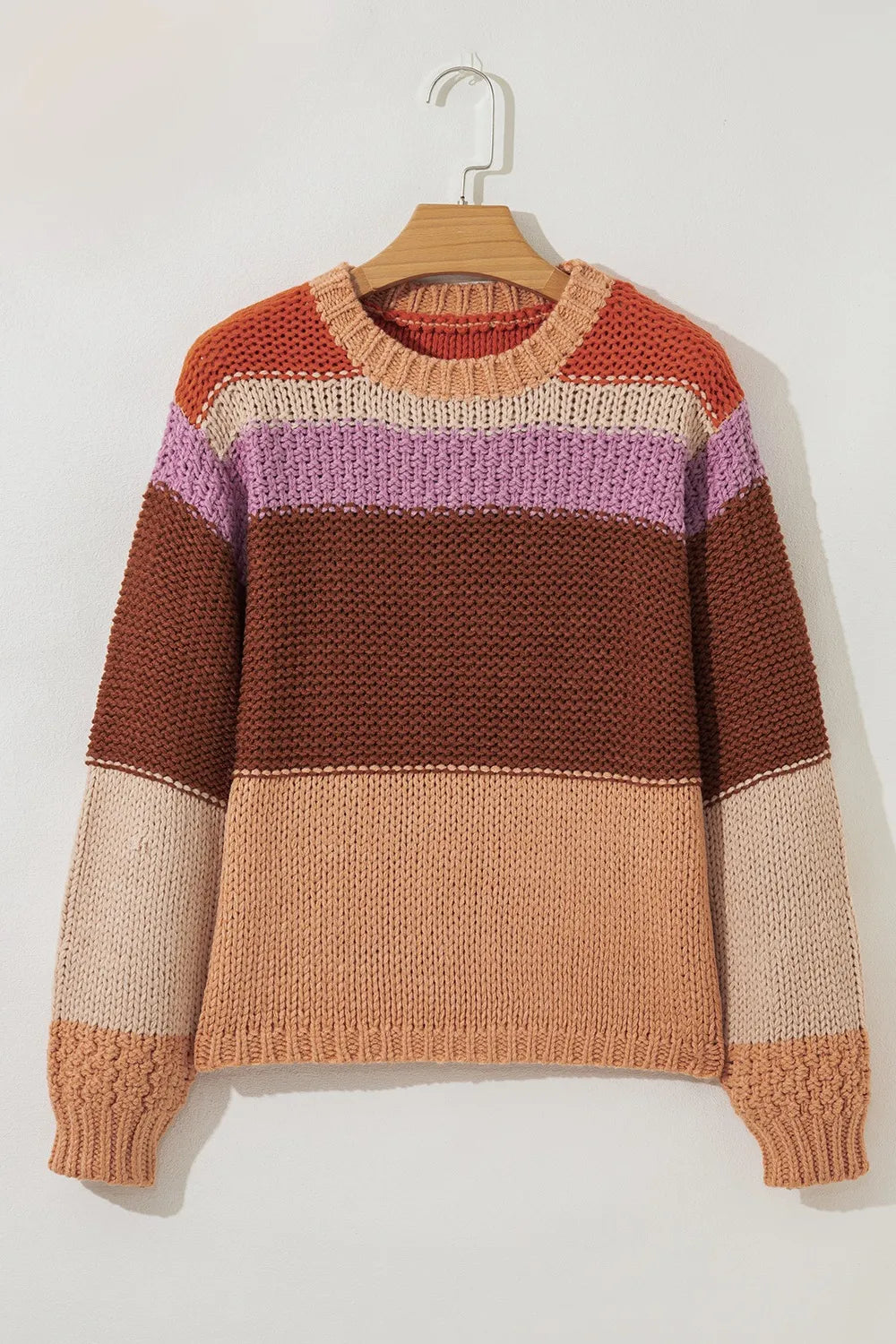 Cozy Colorblock Striped Round Neck Sweater – Soft Acrylic Women’s Pullover