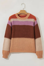 Cozy Colorblock Striped Round Neck Sweater – Soft Acrylic Women’s Pullover
