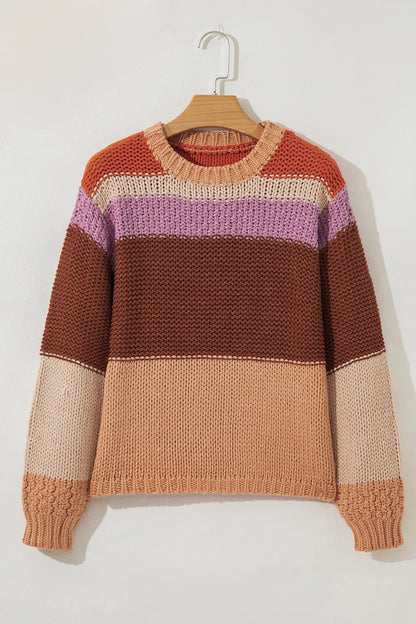 Cozy Colorblock Striped Round Neck Sweater – Soft Acrylic Women’s Pullover
