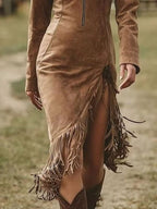 Full-Size Fringe Hem Zip-Front Bodycon Dress