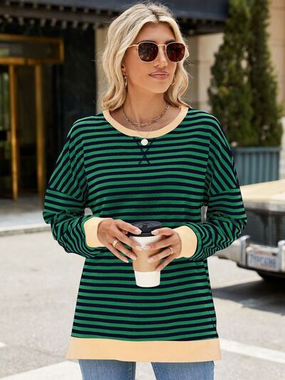 Chic Striped Slit Detail Long Sleeve Sweatshirt