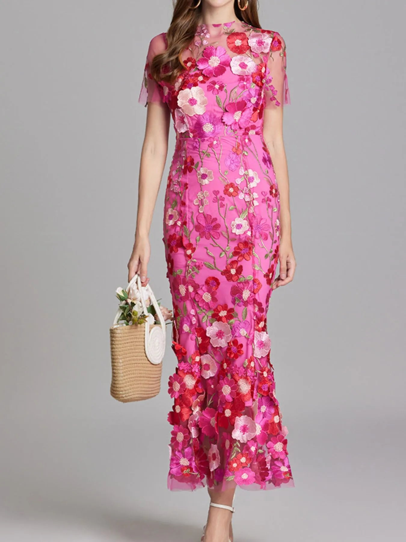 Embroidered Mesh Overlay Maxi Dress – Lined Evening Wear with Zipper Closure