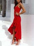 High-Low Ruffled Hem Midi Cami Dress - Elegant & Flowy Scarlet