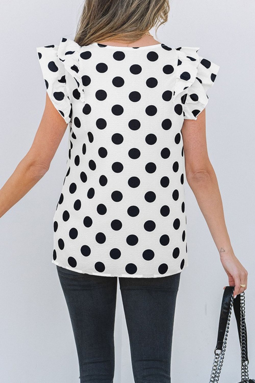 Polka Dot Ruffled Cap Sleeve V-Neck Blouse - Chic & Playful