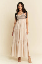 Davi & Dani Multi-Contrast Maxi Dress with Smocked Bodice Beige