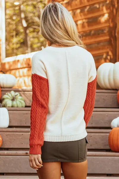 Color Block Pocketed Round Neck Sweater