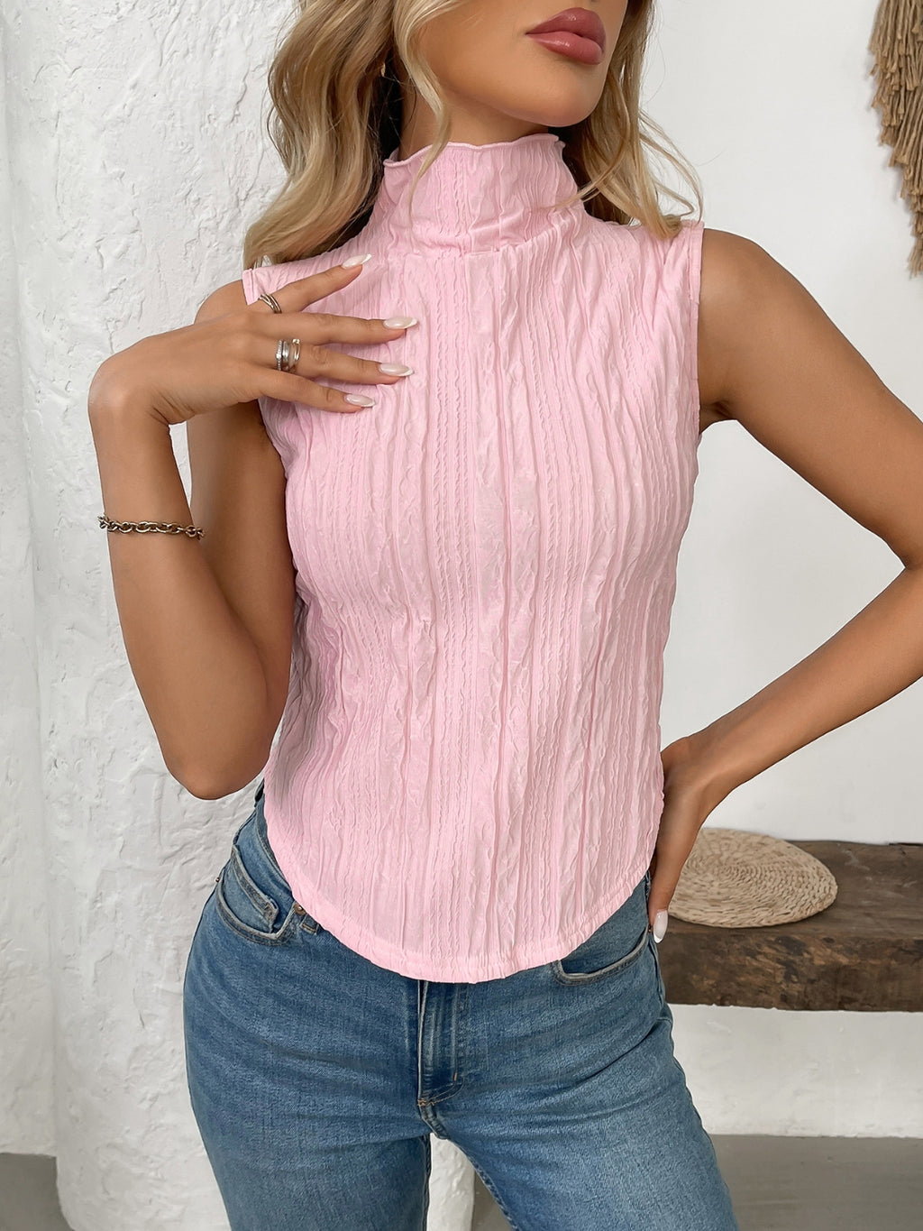 Texture Turtleneck Sleeveless Top - Chic & Versatile Blush Pink