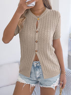 Cable Knit Button Down Short Sleeve Cardigan - Stylish & Versatile