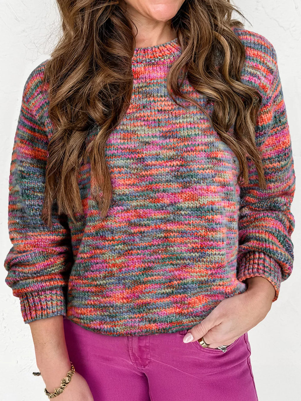 Space Dye Yarn Knit Crew Neck Sweater Strawberry