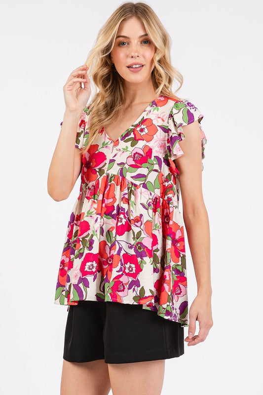 Mittoshop Floral V-Neck Ruffled Cap Sleeve Peplum Blouse