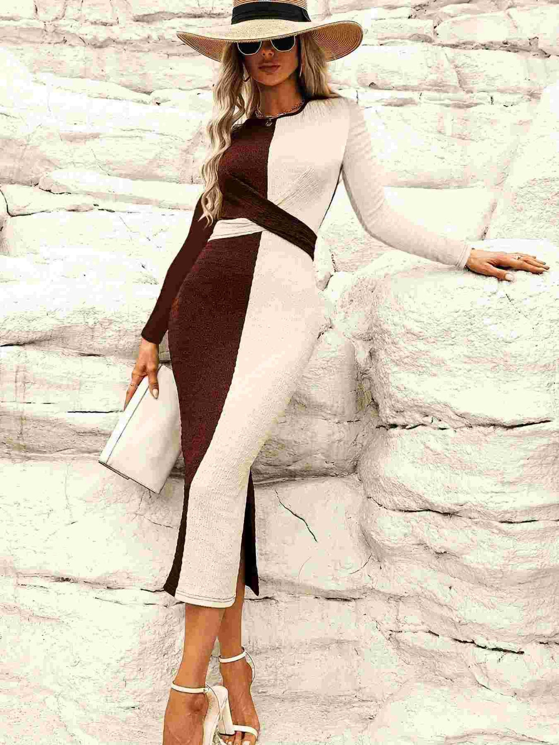 Two-Tone Slit Round Neck Long Sleeve Midi Dress