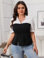 Plus Size Striped Johnny Collar Blouse - Chic & Comfortable