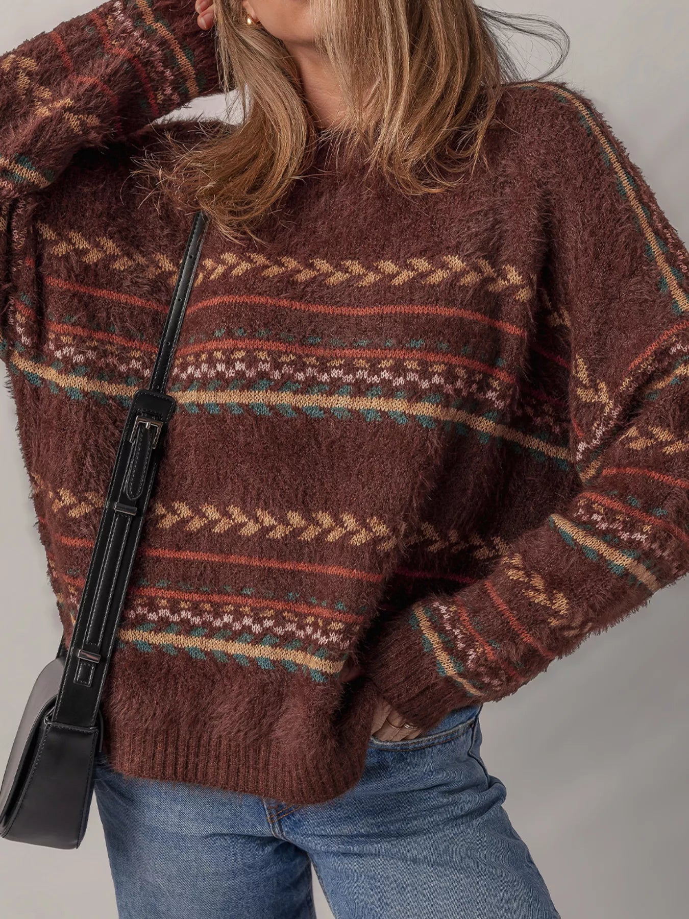 Ethnic Pattern Mohair Knit Oversized Drop Shoulder Sweater