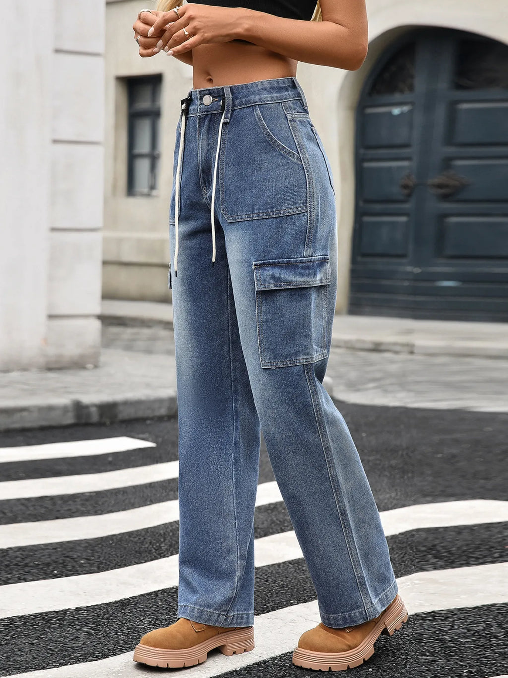 Drawstring Wide-Leg Cargo Jeans