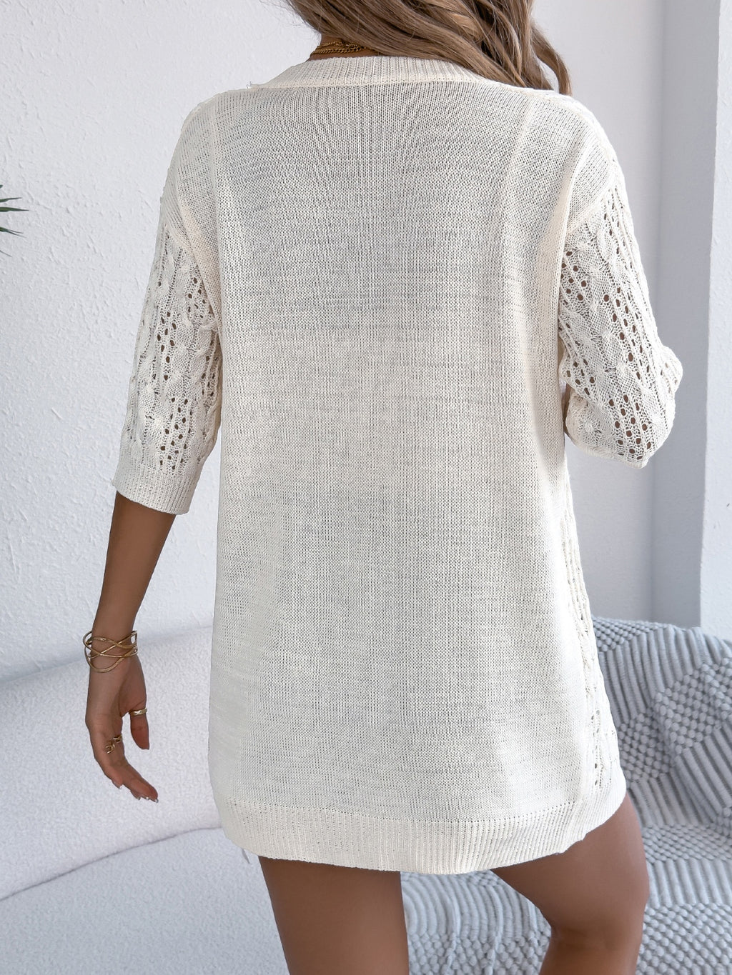 Openwork Open Front Half Sleeve Cardigan – Elegant & Lightweight