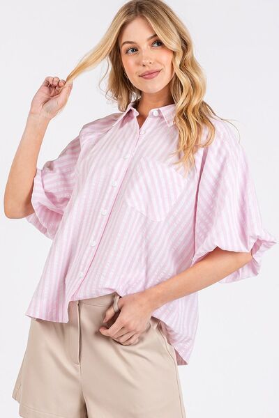 Mittoshop Button-Down Striped Puff Sleeve Shirt