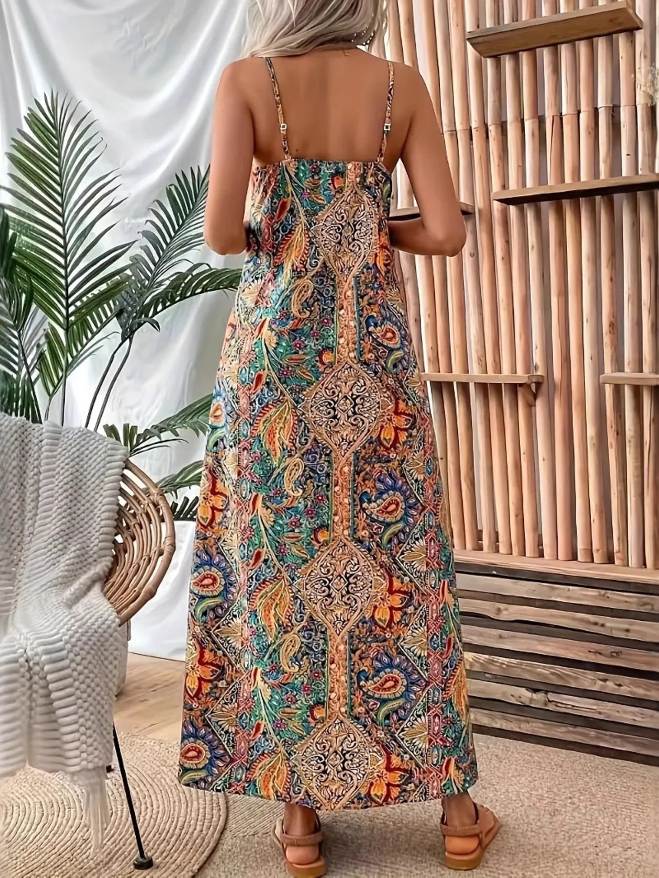 Paisley Print V-Neck Stretch Maxi Dress