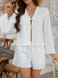 Devine Double Tied V-Neck Top & Shorts Set - Chic & Breathable White