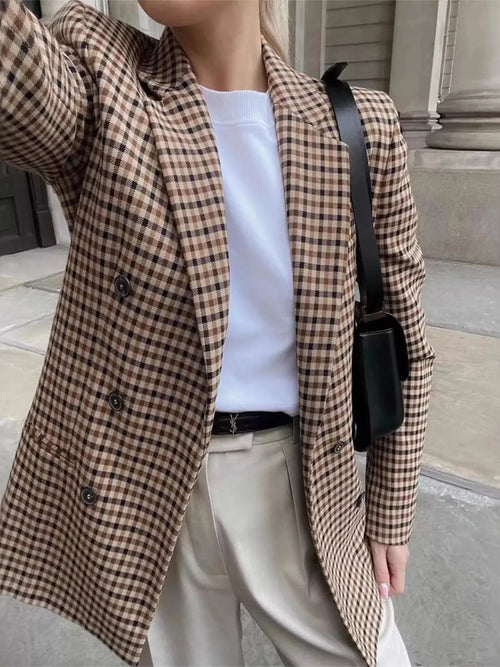 Plaid Double-Breasted Lapel Collar Blazer