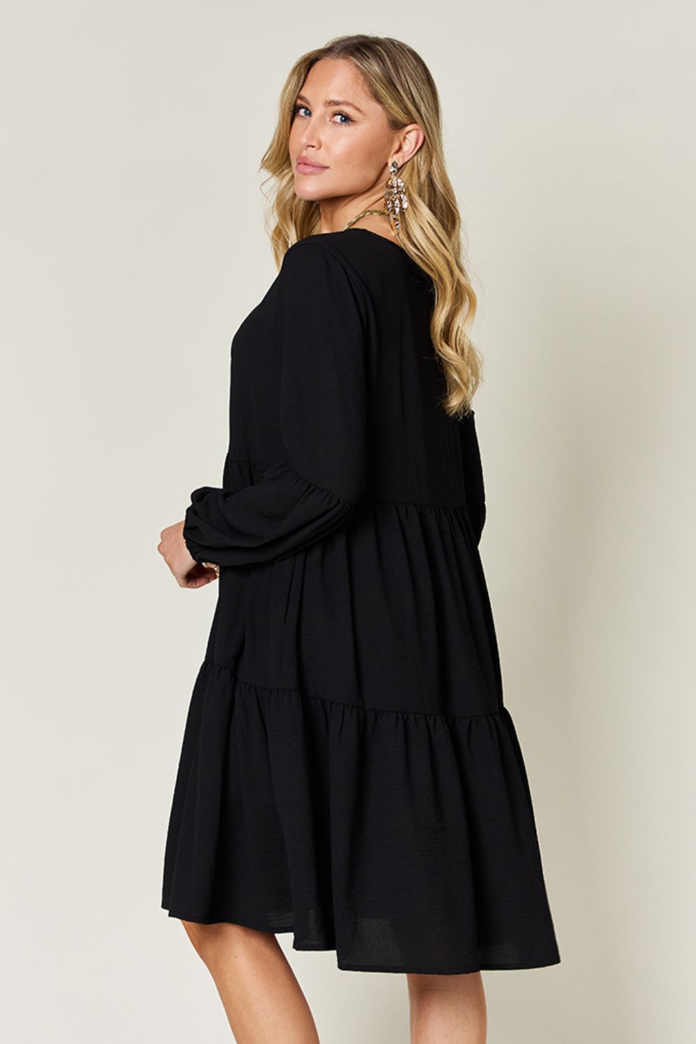 Full Size V-Neck Tiered Balloon Sleeve Dress with Pockets