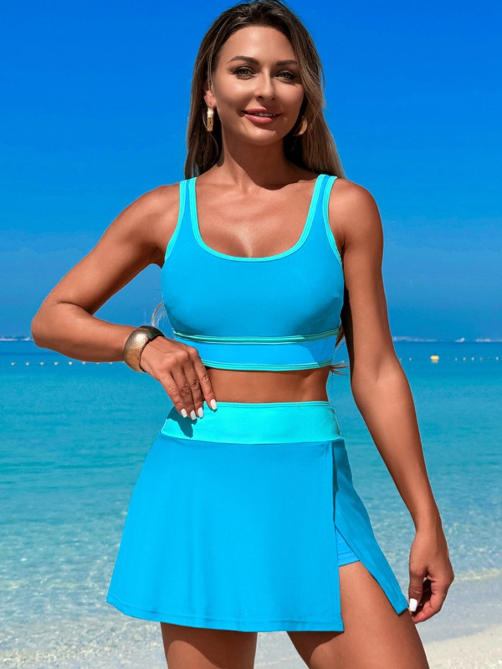 Scoop Neck Swim Set with Skort - Stylish & Comfortable