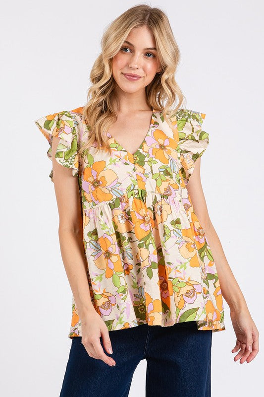 Mittoshop Floral V-Neck Ruffled Cap Sleeve Peplum Blouse Tangerine