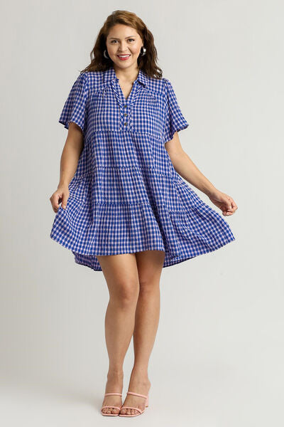 Umgee Full Size Gingham Tiered Button Detail Short Sleeve Dress