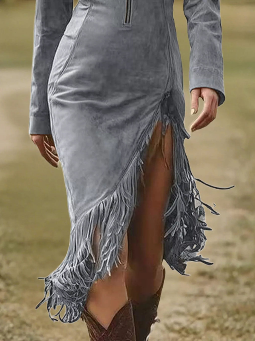 Full-Size Fringe Hem Zip-Front Bodycon Dress