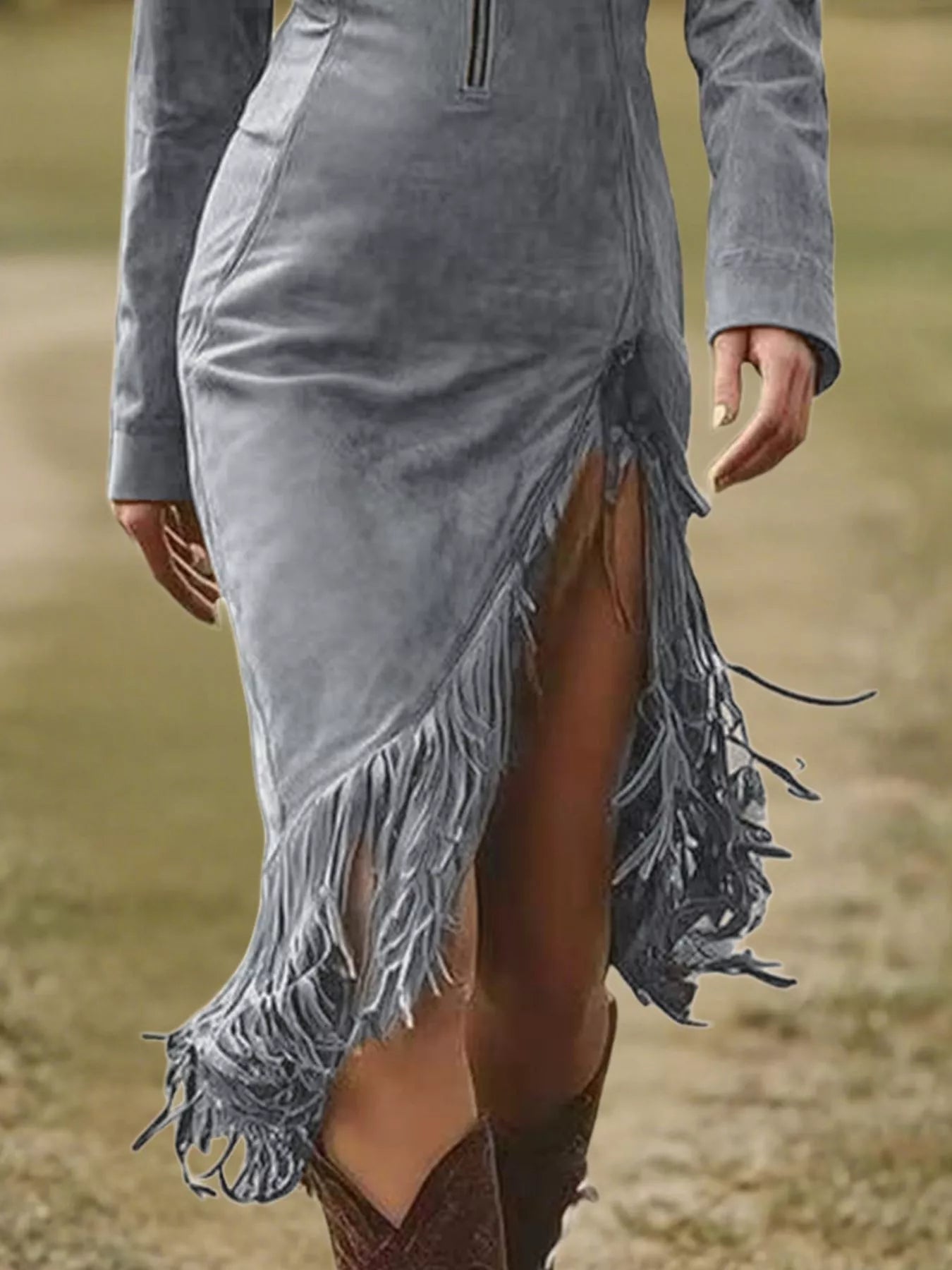 Full-Size Fringe Hem Zip-Front Bodycon Dress