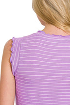 Zenana Ribbed Stripe Sleeveless Tank with Ruffle Trim
