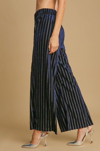 Umgee Striped Wide Leg Velvet Pants with Elastic Waist