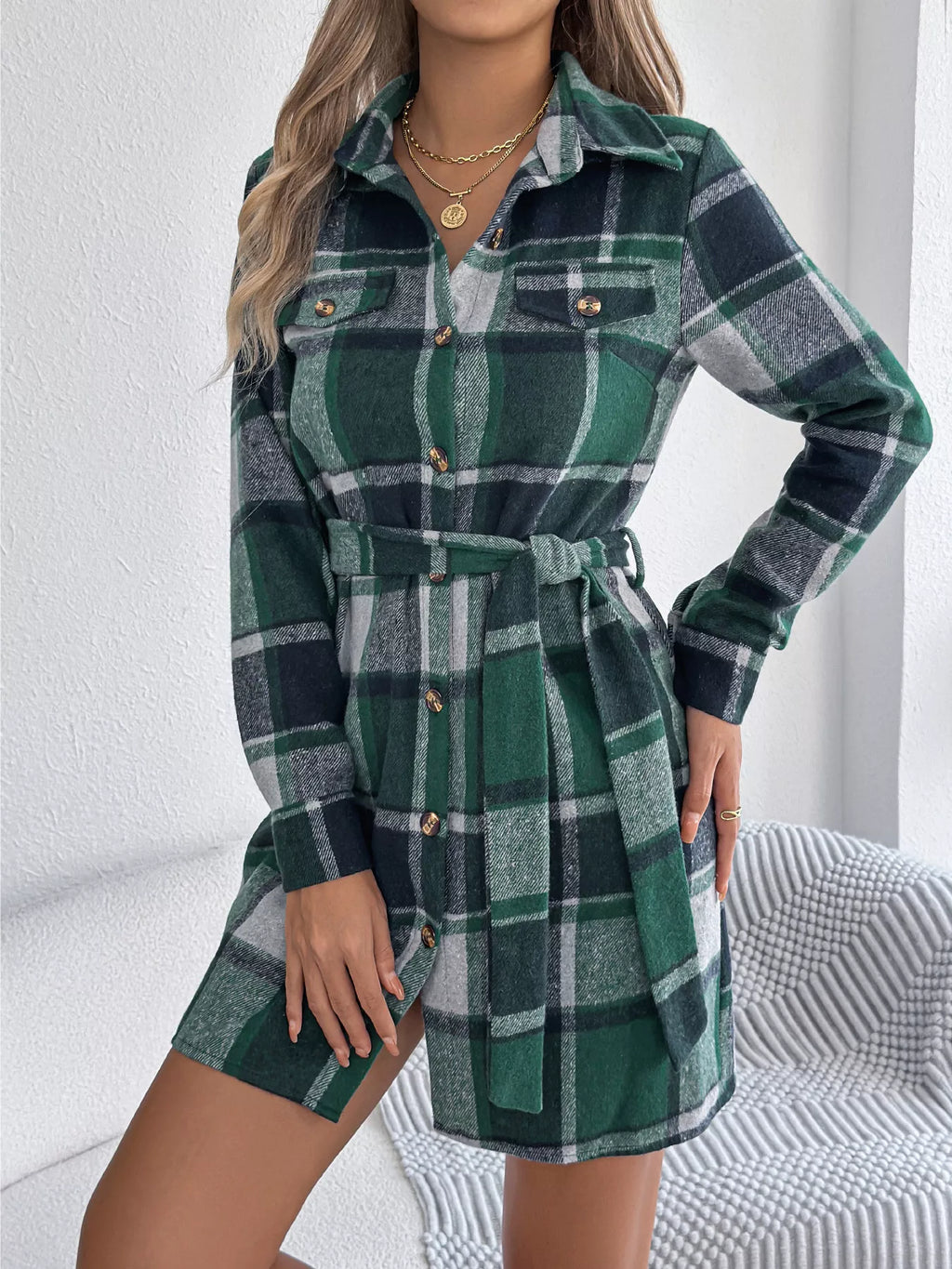 Plaid Button-Front Tie Waist Shirt Dress Green