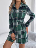 Plaid Button-Front Tie Waist Shirt Dress Green