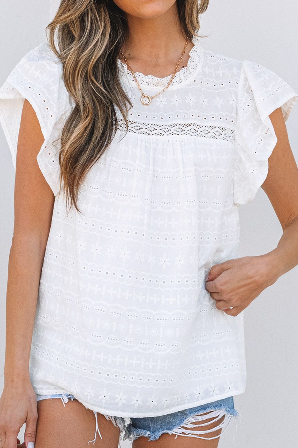 Lace Round Neck Flutter Sleeve Eyelet Blouse