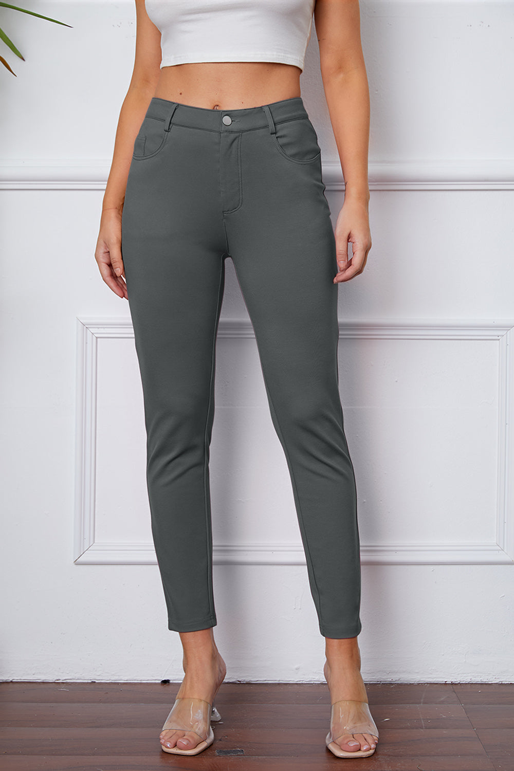 Stretchy Stitch Pocketed Pants by Basic Bae Dark Gray