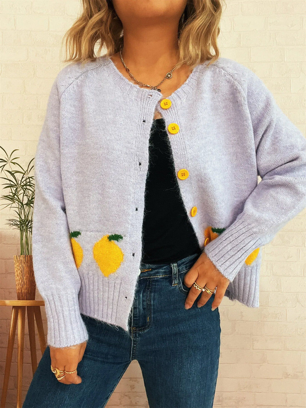 Chic Lemon Pattern Button-Up Cardigan – Playful Knitwear for Everyday Style