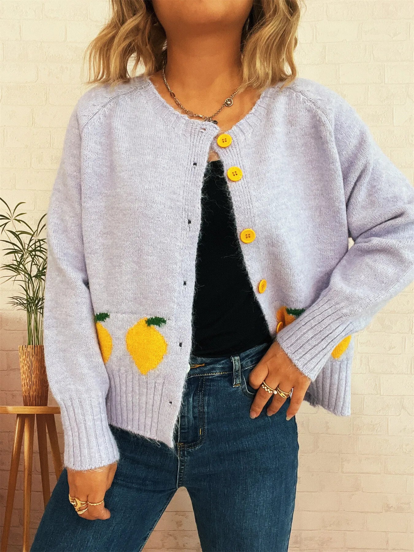 Chic Lemon Pattern Button-Up Cardigan – Playful Knitwear for Everyday Style