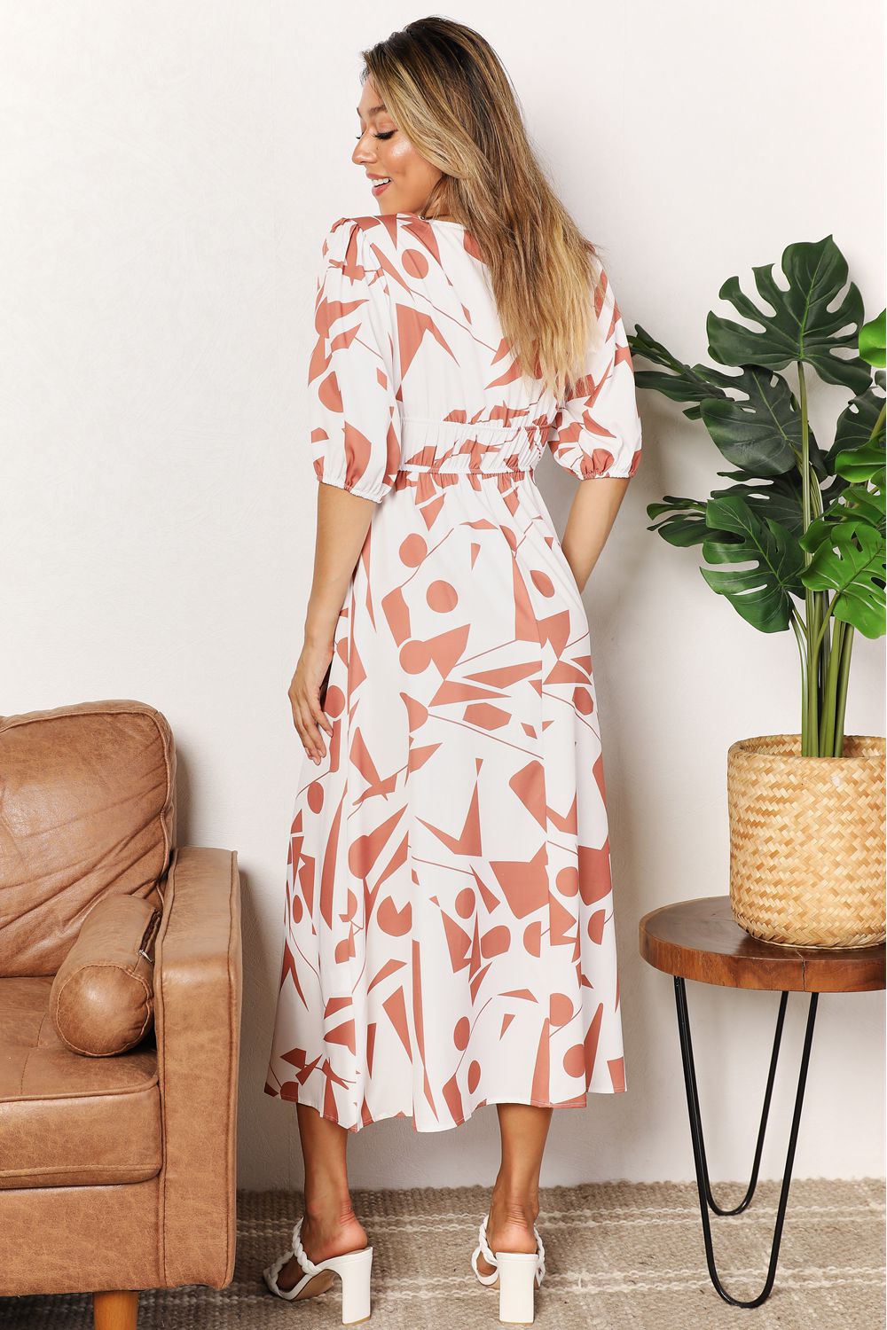 WhimsyGrace Printed Surplice Balloon Sleeve Midi Dress