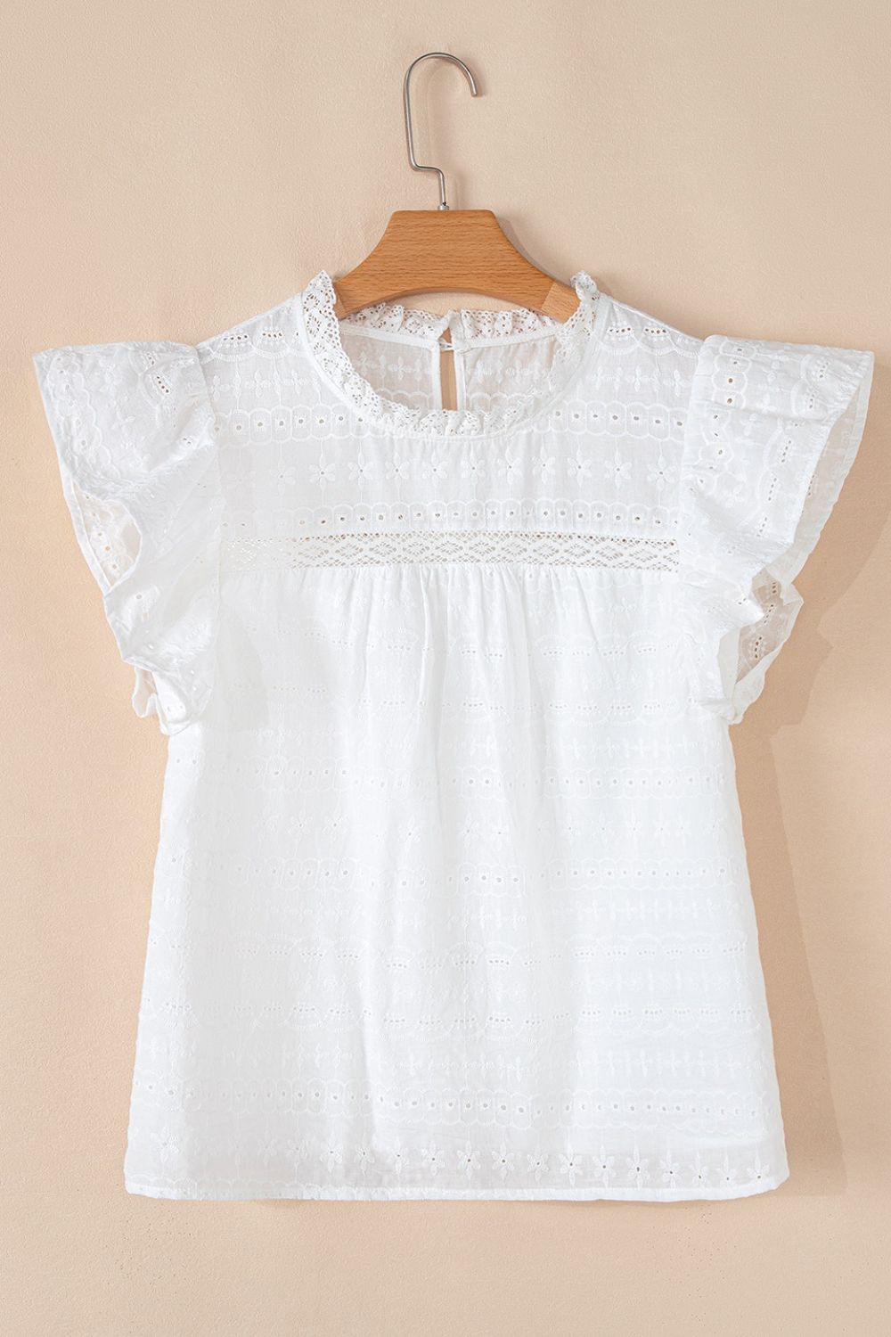 Lace Round Neck Flutter Sleeve Eyelet Blouse