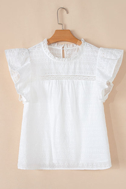 Lace Round Neck Flutter Sleeve Eyelet Blouse