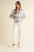 MABLE Plaid Print Fuzzy Bomber Jacket
