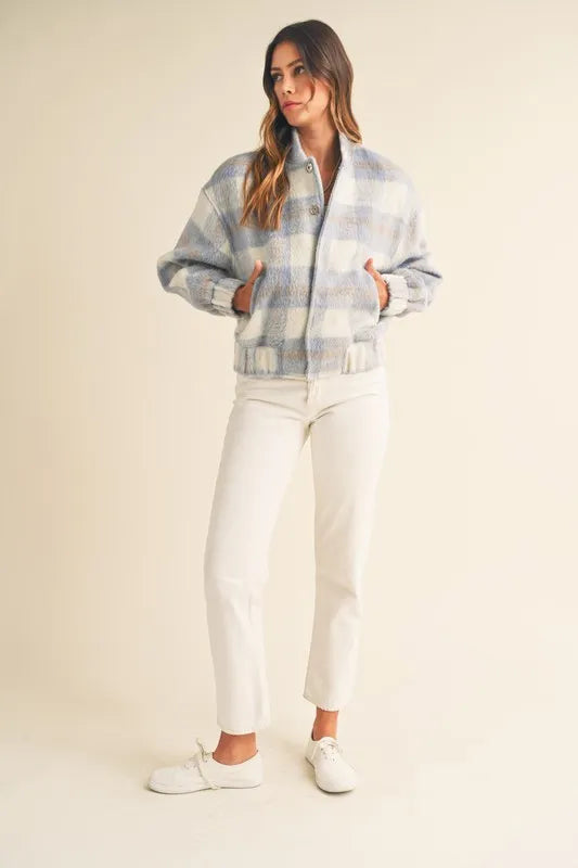 MABLE Plaid Print Fuzzy Bomber Jacket