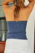 Denim Tube Top with Bow - Smocked Back Design