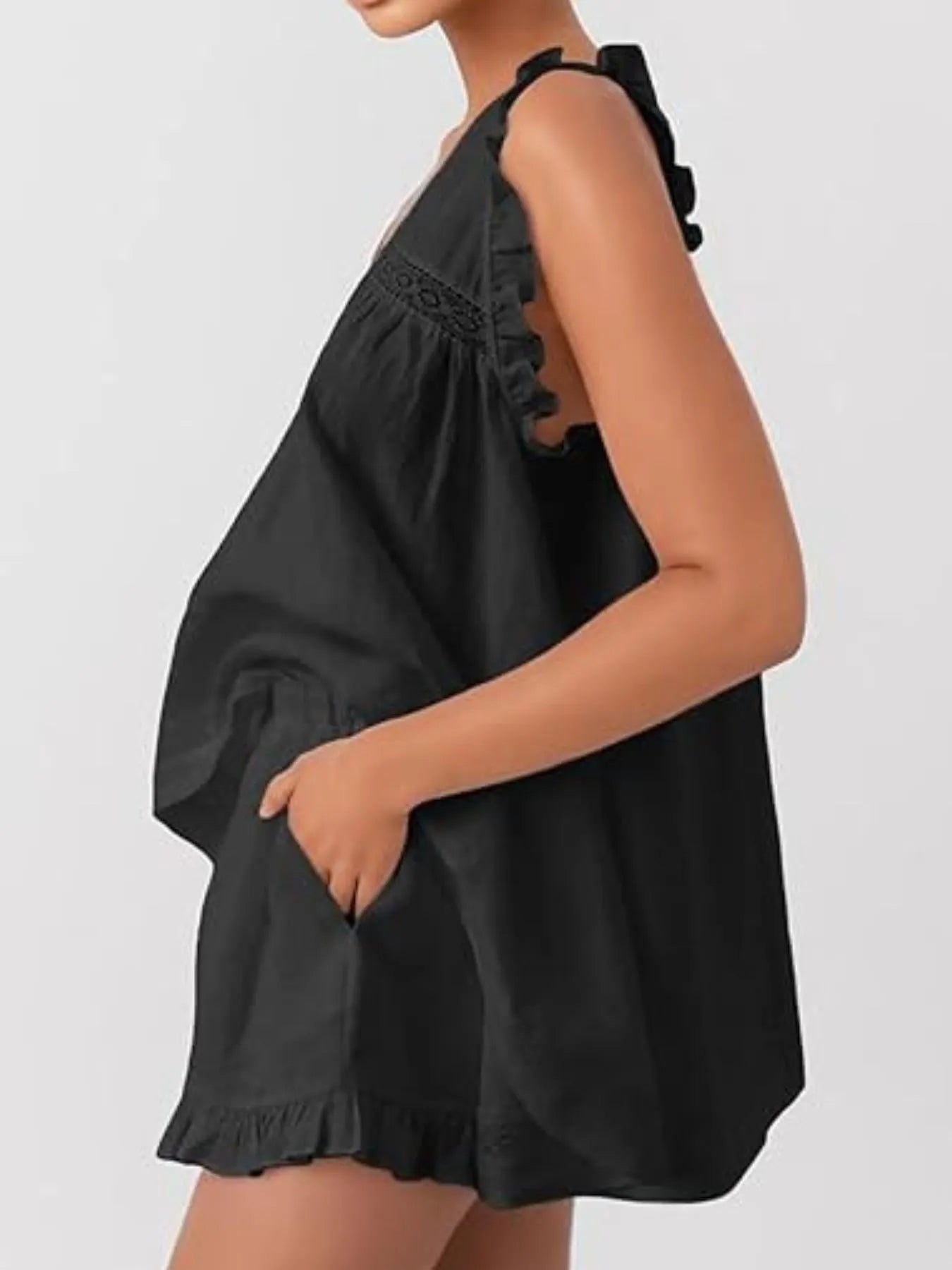 Ruffled V-Neck Top & High-Waist Shorts Co-Ord Set
