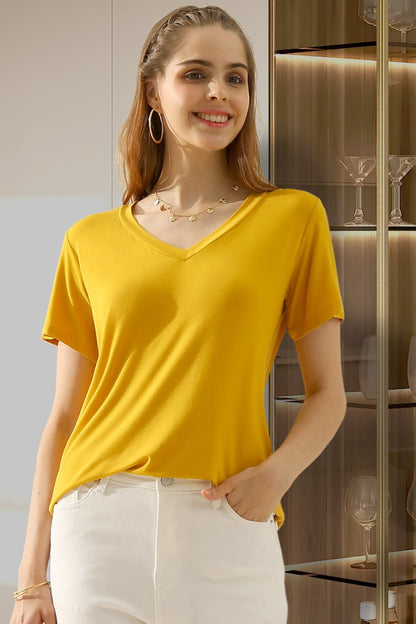 Ninexis Full-Size V-Neck Short-Sleeve T-Shirt Mustard